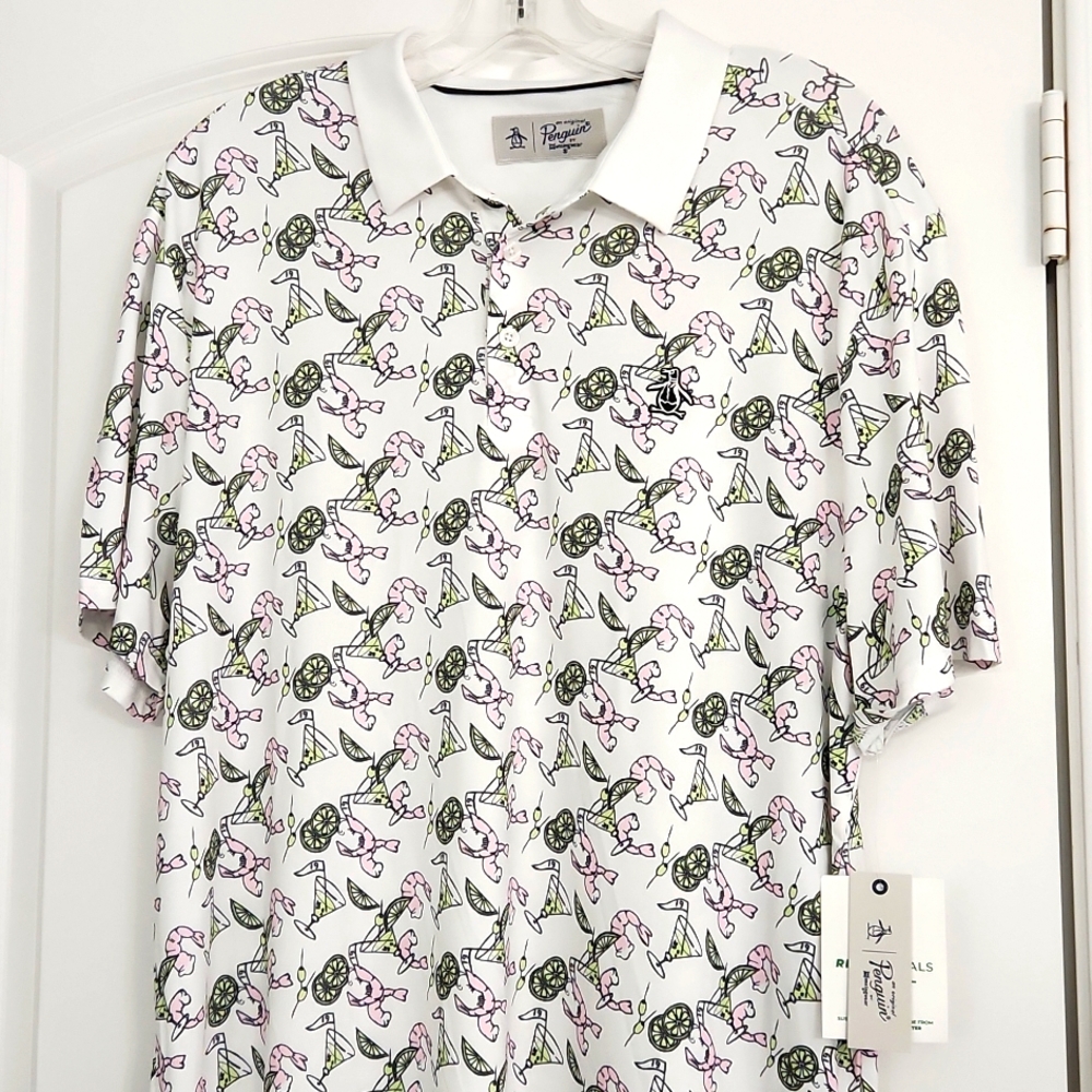 🐧Penguin golf shirt with a fun shrimp cocktail print. New, perfect condition!🍸